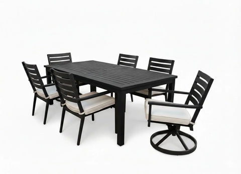 Black outdoor dining table with six chairs on a white background