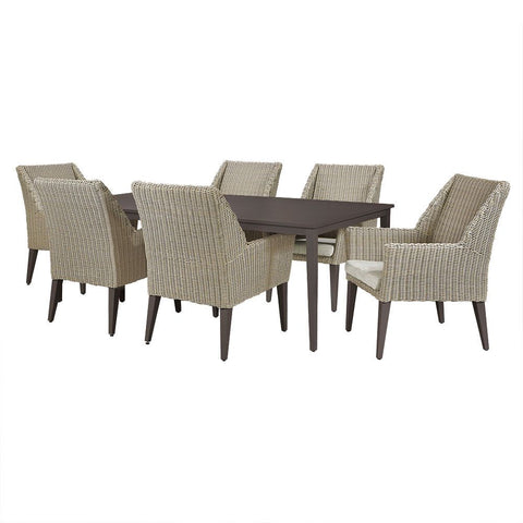 A 7-piece outdoor dining set featuring a rectangular dark brown table and six woven armchairs with beige textured upholstery and dark legs, shown on a plain white background.