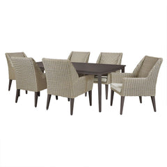 A 7-piece outdoor dining set featuring a rectangular dark brown table and six woven armchairs with beige textured upholstery and dark legs, shown on a plain white background.